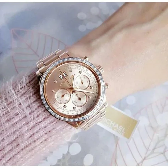 Michael Kors Rose Gold Womens Chronograph Watch w/Crystal Bezel & Date Display - Picture 1 of 11